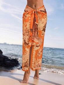Swim Vcay 女款春夏新款海洋風海龜珊瑚貝殼3D數位印花網紗沙灘罩裙，熱帶風情，沙灘派對、泳池派對、度假派對、春假、波希米亞風，女款夏季休閒沙灘度假穿搭 - 橘色 - 查看 4