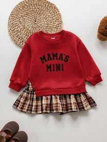 少女版 Mama's Mini 印花卡其色運動衫拼接格紋裙運動衫洋裝 - 紅色 - 查看 3