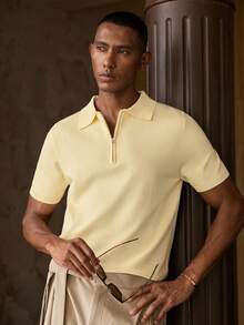 AKNOTIC Camiseta de punto de manga corta de unicolor para hombre - Amarillo claro - Ver 4