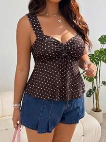 Solflare Brown Plus Size Women's Polka Dot Pattern Front Tie Top - Brown - View 9