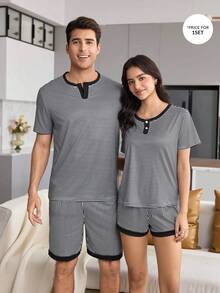 CoupledUp Men's Striped Print Colorblock Patchwork Short Sleeve & Shorts Pajama Set - Black and White - View 5