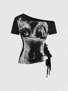 ACID BLVD Spring Summer Autumn Street Style Retro Y2K Asymmetric Neck Body Negative Print Backless Cut-Out Waist Tie Top - Black - View 3
