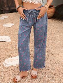 Breezaya Damen Jeans mit Blumenmuster, Taillenband und geradem Bein - Dunkle Waschung - Übersicht 1