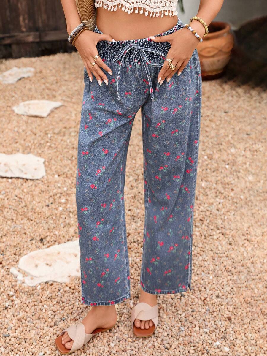 Breezaya Damen Jeans mit Blumenmuster, Taillenband und geradem Bein - Dunkle Waschung - Übersicht 1