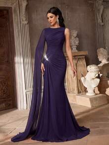 Aureia Elegant Graceful High Elastic Mesh Round Neck One Shoulder Flutter Sleeves Waist Pleats Slimming 3D Rhinestone Women's Bridesmaid Dress Purple Spring - Purple - View 5