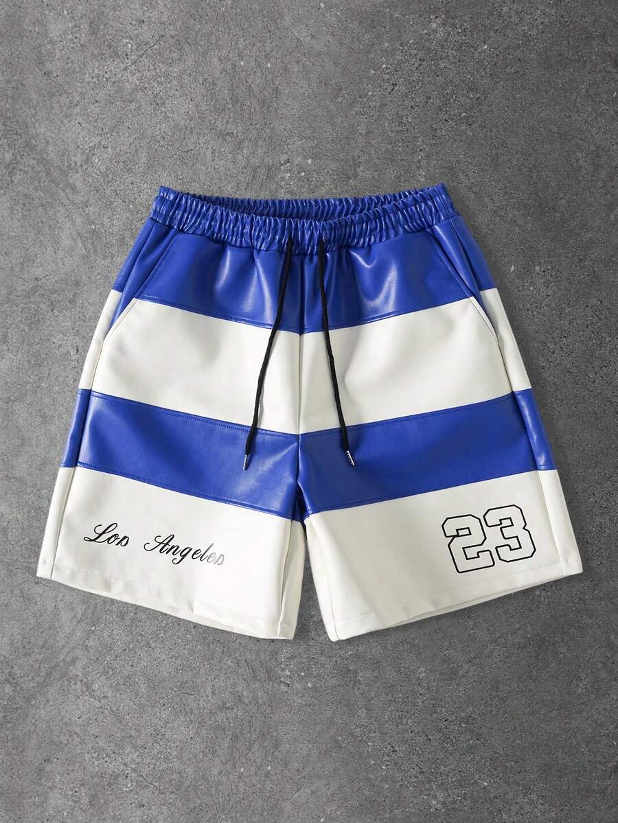 ROMWE MEN Men's Casual Patchwork Leather Shorts - Blue - View 1