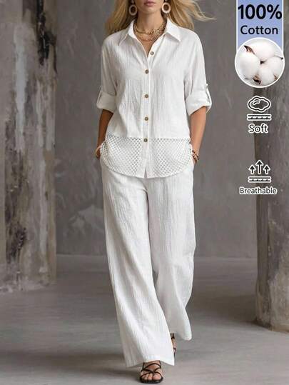 EMERY ROSE Ensemble décontracté deux pièces pour femmes avec chemise à manches retroussées et pantalon, unicolore, simple boutonnage