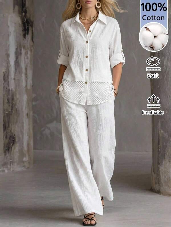 EMERY ROSE Conjunto casual de dos piezas para mujer con camisa de unicolor de un solo pecho con mangas enrolladas y pantalones