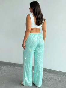 SHEIN PETITE CURVE 女款大尺碼時尚亮片直筒長褲 - 薄荷藍 - 查看 4