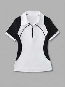 CourtClass CourtClass Kaos Polo Kasual Olahraga Lengan Pendek Raglan Warna Kontras untuk Wanita, Atasan Tenis dan Golf Wanita - Hitam dan Putih - View 1