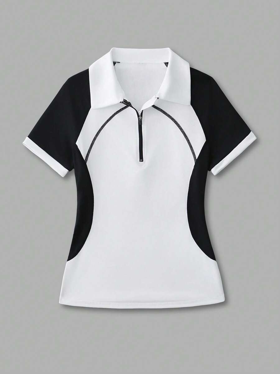 CourtClass CourtClass Kaos Polo Kasual Olahraga Lengan Pendek Raglan Warna Kontras untuk Wanita, Atasan Tenis dan Golf Wanita - Hitam dan Putih - View 1