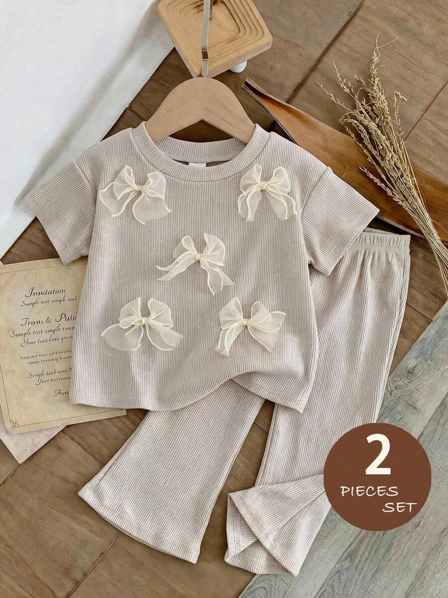 LMoss Kids 女童少女針織素色3D蝴蝶結圓領休閒T恤與長褲兩件套 - 米色 - 查看 1