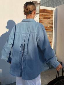 Dazy Tall Women's Lapel Long Sleeve Button-Up Back Bow Tie Split Vacation Style Denim Shirt Blouse - Light Wash - View 3