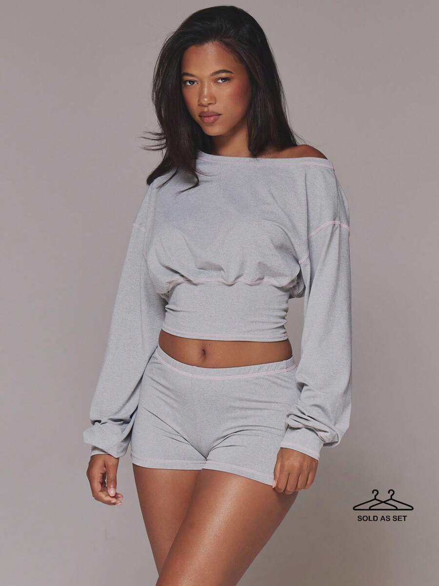 MUSERA Conjunto de Top Corto con Hombros Descubiertos y Manga Larga y Shorts Casual para Estar en Casa y Uso Diario Estilo Coolgirl - Amarillo - Ver 1
