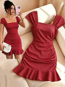 SHEIN LUNE New Women's Square Neck Polka Dot Print Ruched Waist Ruffle Hem Dress, Suitable For Dating And Vacation Wear - Red - View 1