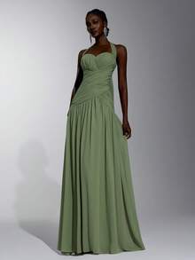 Elitara Elegant Chiffon Halter Neck Heart-Shaped Collar Handmade Fabric Fan-Pleated Bodycon A-Line Dress Guest Formal Wedding Prom Evening Sage Green Winter - Green - View 7