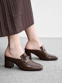 CUCCOO BIZCHIC 女款春秋簡約扣飾優雅設計派對下午茶約會粗跟穆勒鞋 - 棕色 - 查看 6