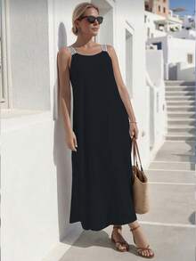 SHEIN 大尺碼夏季休閒無袖洋裝 - 黑色 - 查看 4