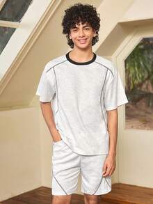Men's Round Neck Short Sleeve T-Shirt And Pocket Shorts Casual Daily Outfit - Light Grey - View 4