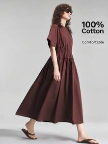 Ontre 2026 New All Season Minimalist All-Match Casual Vacation Brunch Outfit Round Neck Long Patchwork Drawstring Dress Slimming Dark Brown Summer - Brown - View 2