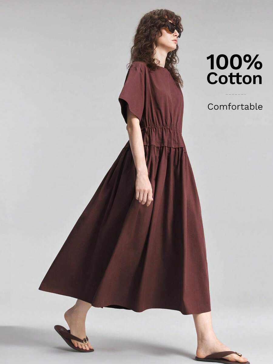 Ontre 2026 New All Season Minimalist All-Match Casual Vacation Brunch Outfit Round Neck Long Patchwork Drawstring Dress Slimming Dark Brown Summer