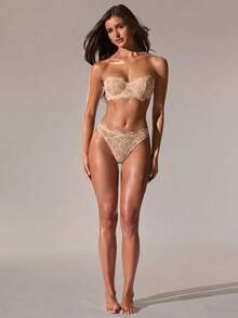SHEIN BAE 2pcs Women's Solid Color Strapless Sexy Lace Lingerie Set - Apricot - View 3
