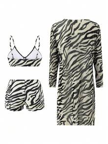 Swim Lushoire 女款夏季海灘花卉印花比基尼套裝附和服罩衫 - 彩色 - 查看 4