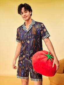 Notgurli Men's Cream Banana Skateboard Print Collared Single-Breasted Loungewear Set, Playful Casual Summer Home 2 Pcs Outfits - Multicolor - View 1