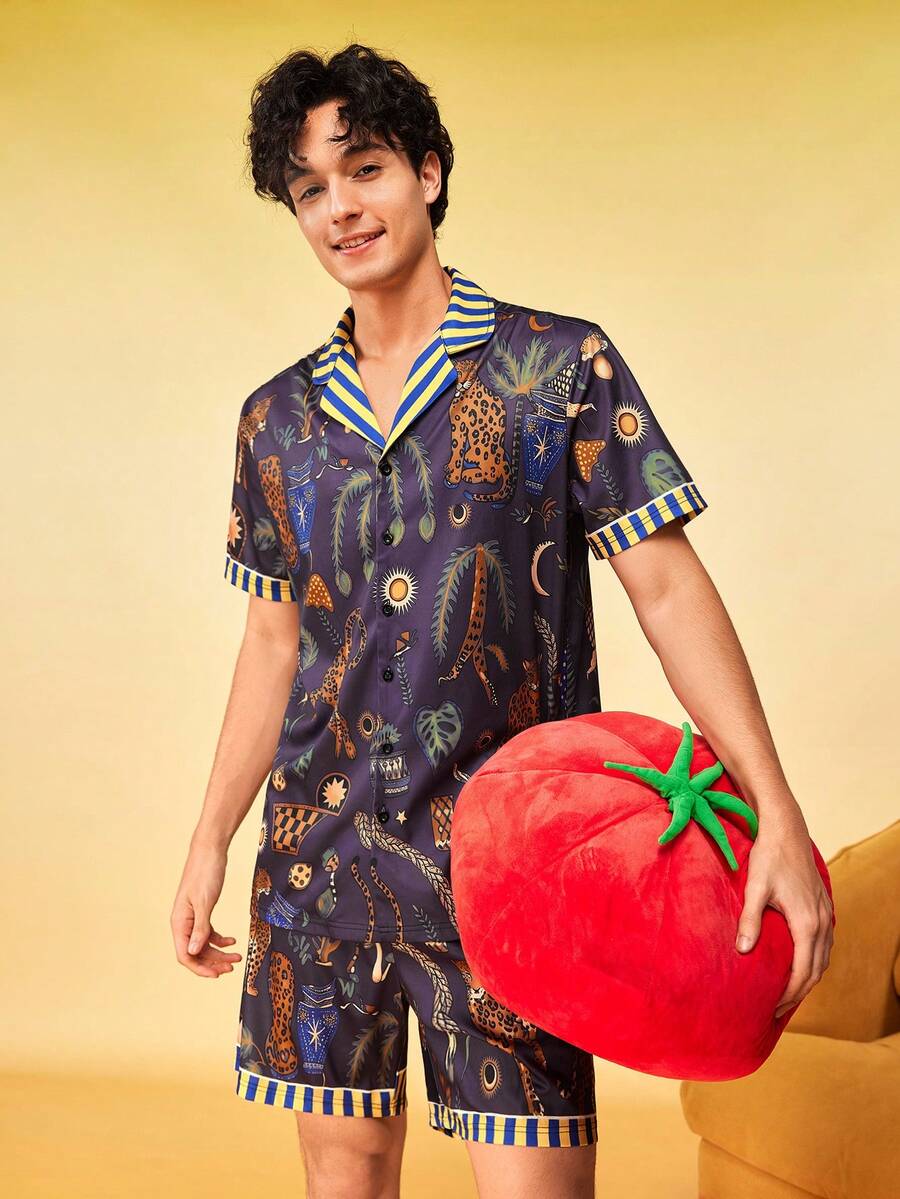 Notgurli Men's Cream Banana Skateboard Print Collared Single-Breasted Loungewear Set, Playful Casual Summer Home 2 Pcs Outfits - Multicolor - View 1