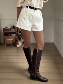 Dazy Tall Women's Summer Pleated Regular Waist Urban Casual Modest White Denim Shorts Vacation - White - View 8