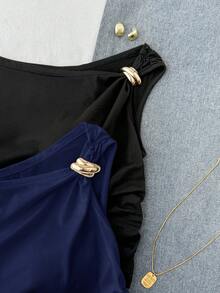 SHEIN 兒童青少年女孩黑色與海軍藍針織休閒縮褶不對稱肩金屬扣裝飾收腰短版百搭上衣T恤 2件/套 - 藏蓝色 - 查看 6
