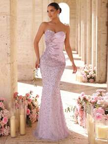 Glamrae Elegantes luxuriöses trägerloses Meerjungfrau-Kleid aus elastischem Strick mit Perlen, Pailletten, 3D-Blumenstickerei und Patchwork-Stoff, sexy, für Hochzeitsveranstaltungen, Junggesellinnenabschied, Urlaub, Abschlussball und Abendgala (Stil mit aufwendiger Verarbeitung) - Pink - Übersicht 3