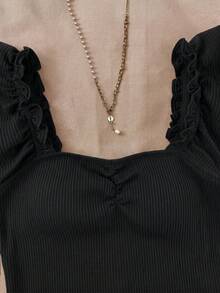 SHEIN Teen Girl Knitted Solid Color Square Neck Ruffle Casual T-Shirt - Black - View 4