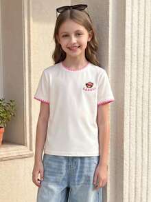 Casuvi Kids Casuvi 青少年女孩 T-Shirt 1 件，彈性針織舒適面料套頭圓肩 T-Shirt，卡通熊印花裝飾，領口與袖口定位印花仿貝殼設計，適合春夏日常休閒穿著 - 白色 - 查看 4