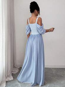 Elenzga Elegant Romantic Exquisite Women's Spaghetti Strap Sexy Off-Shoulder Print A-Line Vacation Dress - Dusty Blue - View 2