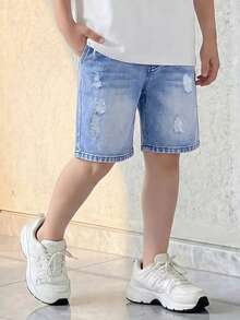SHEIN Casuvi Kids 男童夏季新款时尚做旧百搭宽松直筒舒适牛仔短裤，适合日常、度假、上学、节日及休闲户外穿着 - 中等水洗藍 - 查看 4