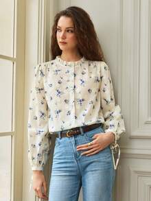 SHEIN 女款春夏荷葉領刺繡布料綁帶袖口長袖襯衫，優雅法式休閒上衣，適合日常穿著與通勤上班 - 杏色 - 查看 5