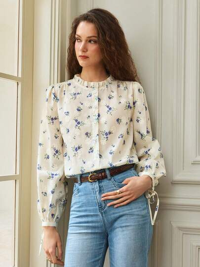 SHEIN Women's Spring/Summer Ruffle Collar Embroidered Fabric Tie Cuff Long Sleeve Blouse, Elegant French Casual Top For Daily Wear And Office Commute