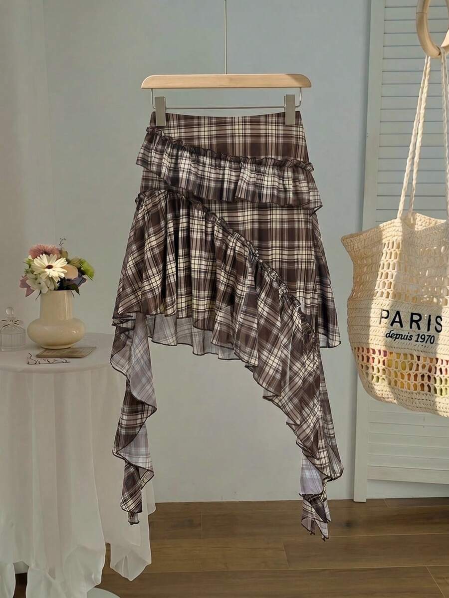 SHEIN MOD Plus Size Brown Plaid Asymmetric Ruffle Design Skirt, Vintage Preppy Style, Casual Outing Outfit, Retro Daily Wear - Brown - View 1