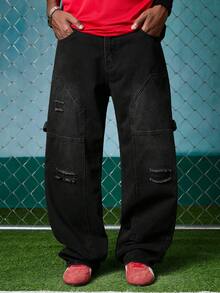 EVRINFINITE Celana Jeans Pria Model Lebar dengan Bordir Patch Bergaya Distressed - Hitam - View 1