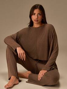 Athîral 2 pièces Ensemble de pyjama femme confortable et doux en tricot de bambou, col rond, manches longues et pantalon. Été - Marron - Voir 6