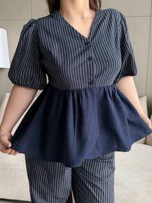 Dazy Plus Fashionable Striped V-Neck Loose Lantern Sleeve Pullover Top And Loose Long Casual Pants Plus Size Women Spring Autumn 2-Piece Set - Navy Blue - View 7