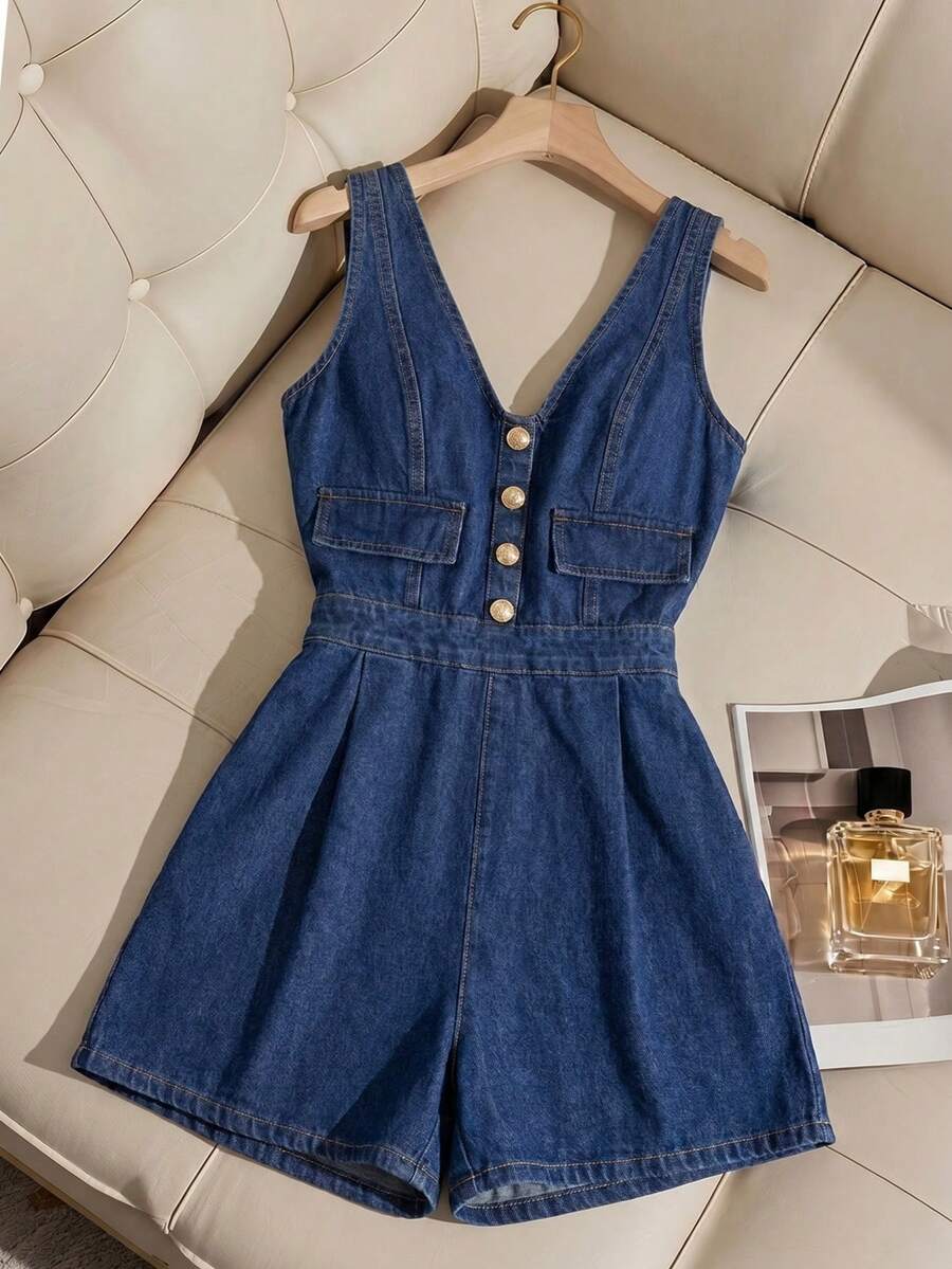 SHEIN MOD 女款V領休閒日常牛仔吊帶短褲 - 深色水洗藍 - 查看 1