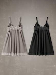 Wedaily 2pcs Lace Patchwork Big Bow Deep V Comfortable Daily Sleeping Women's Nightgown Grey Black Summer Elegant - Multicolor - View 9