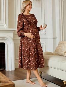 Slowluna Maternity Casual All-Over Print Ruffle Hem Nursing Dress Fall - Red - View 4