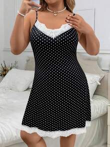 EMERY ROSE Plus Size Summer Casual Lace Patchwork Polka Dot Print Cami Dress - Multicolor - View 1