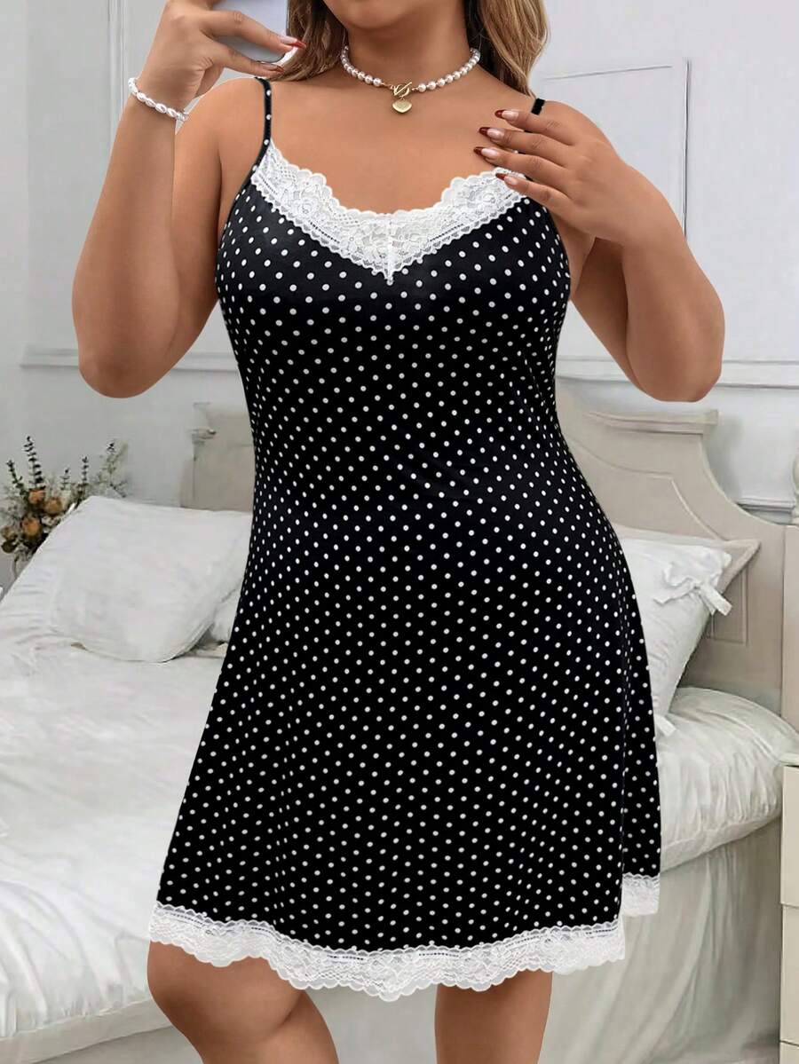 EMERY ROSE Plus Size Summer Casual Lace Patchwork Polka Dot Print Cami Dress - Multicolor - View 1