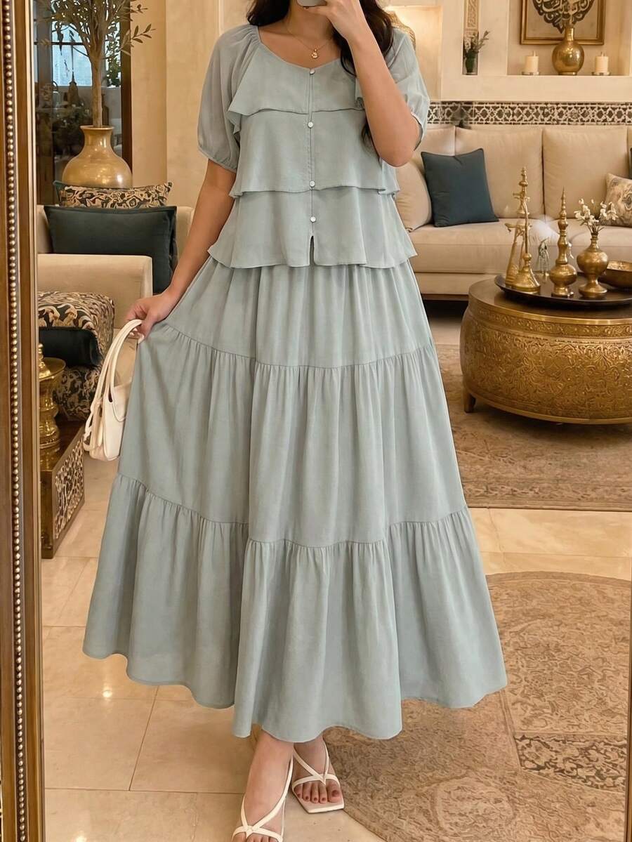 Modelyn Plus Size 2 Pieces Set: Chiffon Top And Woven Skirt, Suitable For Everyday Wear And Gatherings In Spring/Summer