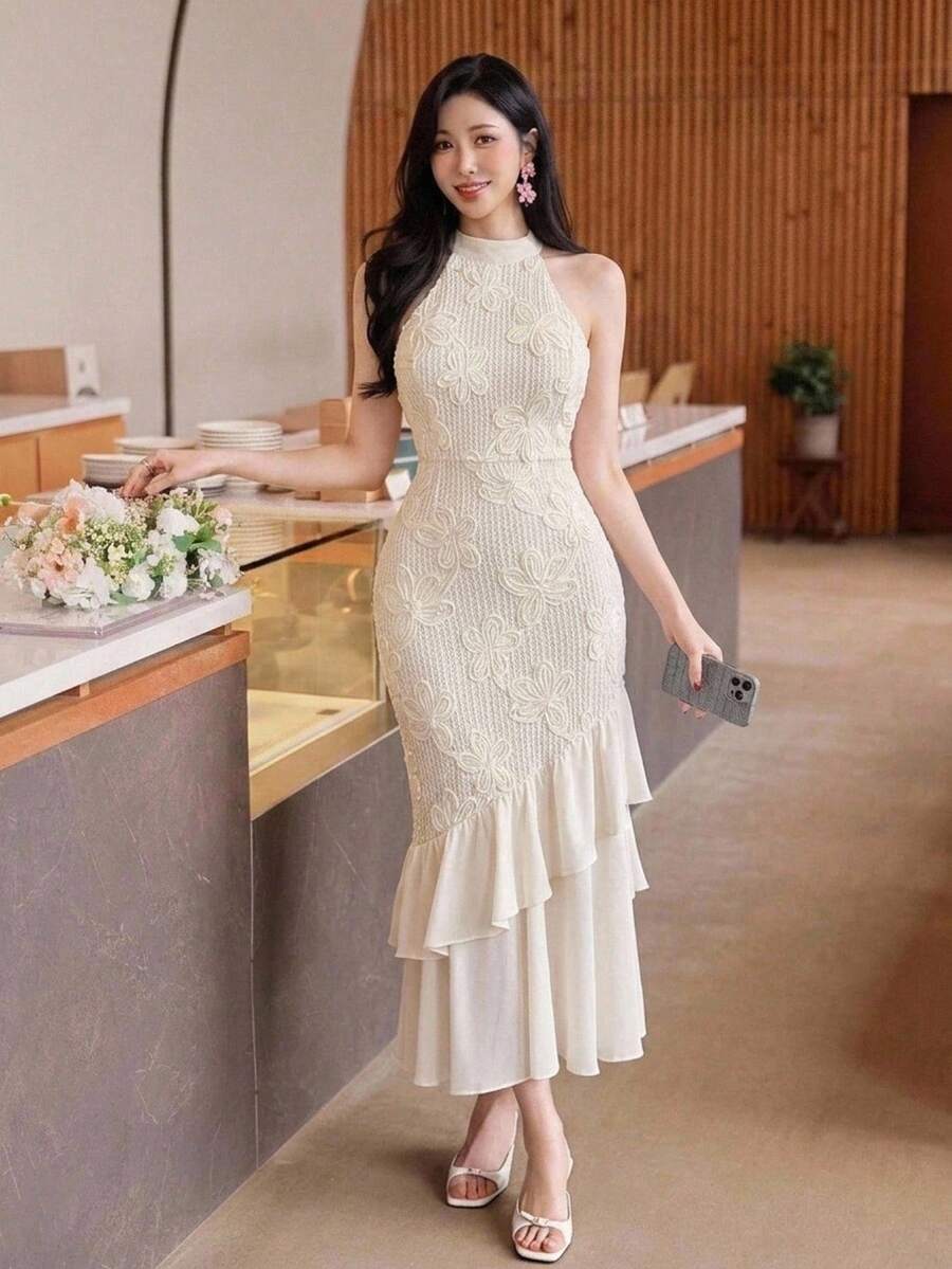 DAZY 女士优雅花卉纹理荷叶边无袖连衣裙，夏季婚礼宾客礼服/吊带裙/鸡尾酒裙 - 米色 - 查看 1