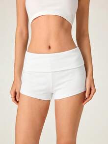 SHEIN BASICS Women's Casual Solid Color Rib Knit Shorts, Summer - White - View 4